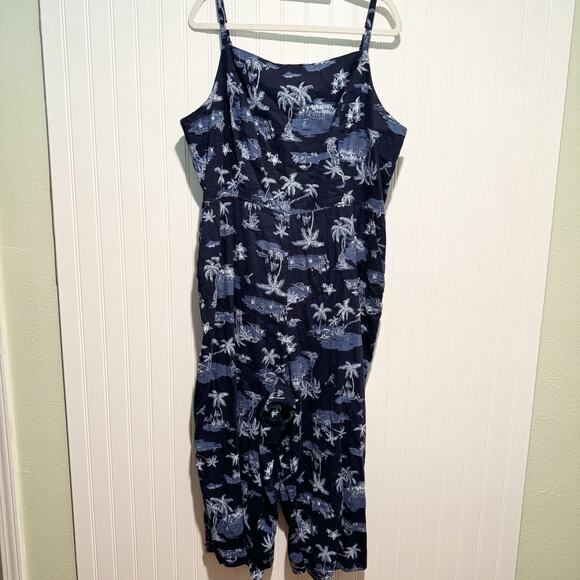 Old Navy Waist Defined Jumpsuit Square Neck Blue Tropical Print Size XXL - Picture 2 of 8